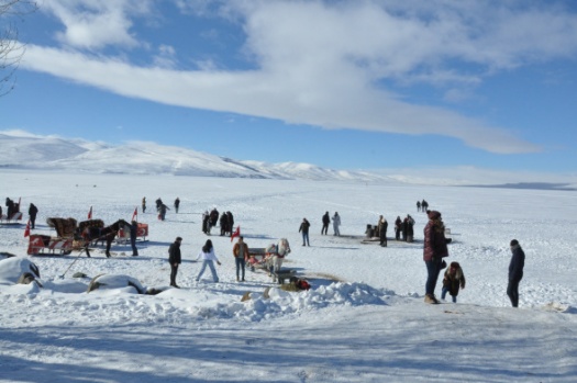 Kars'ta buz üzerinde atlı kızak keyfi sürüyor