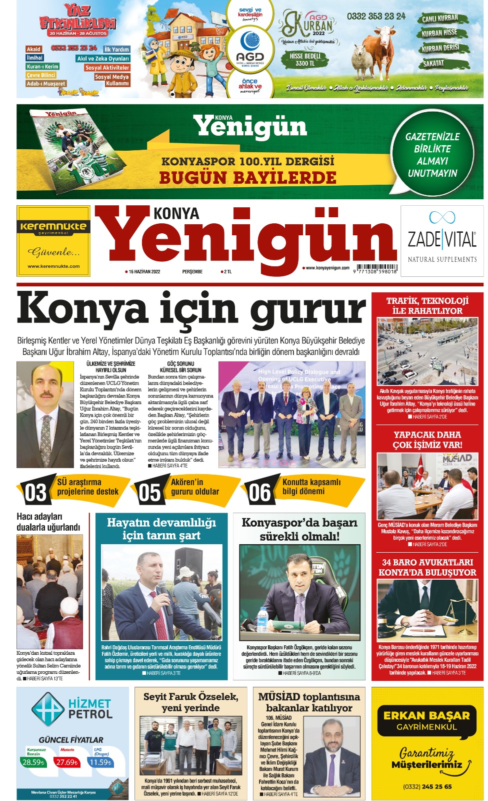 Konya Yenigün Gazetesi - 16.06.2022 Manşeti