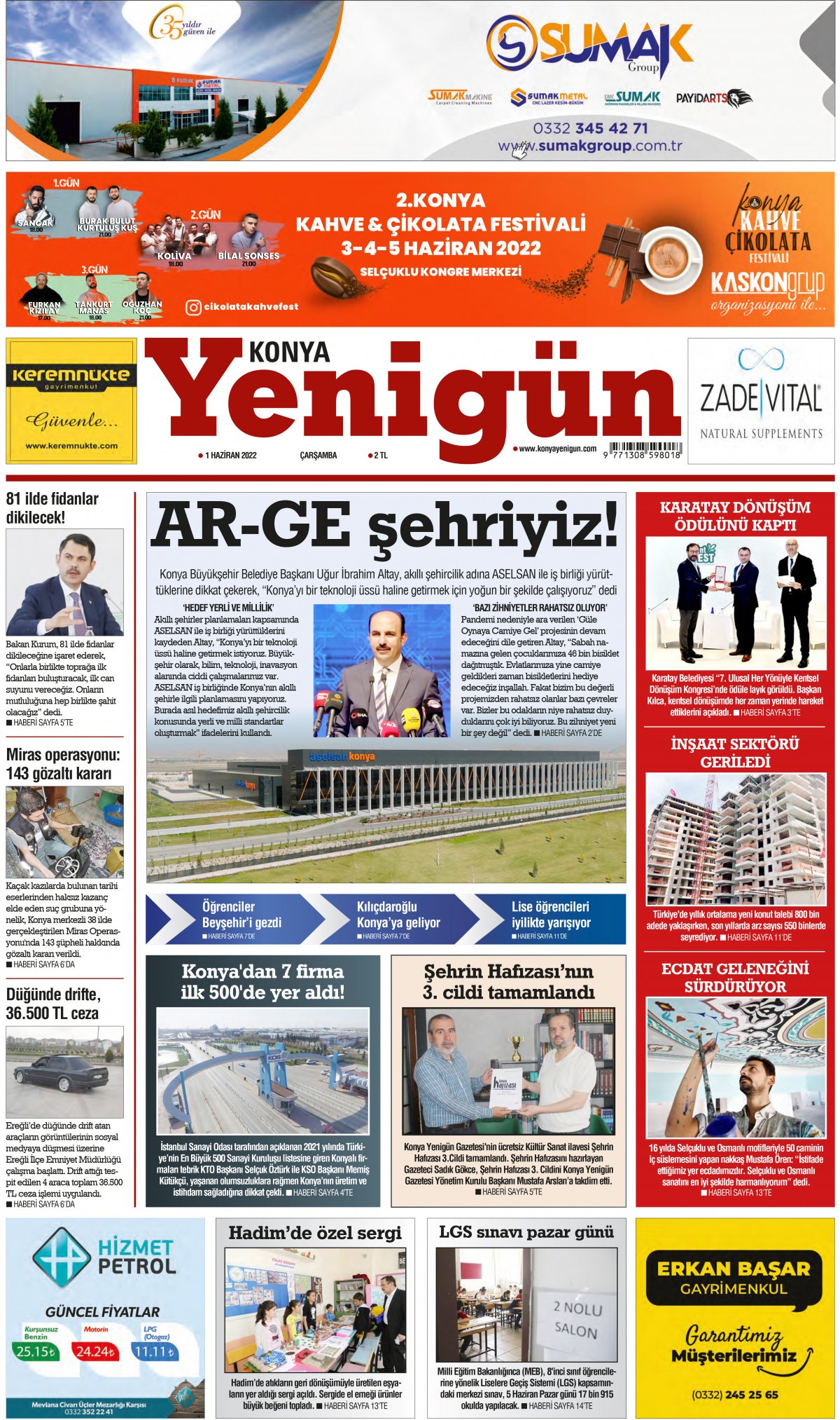 Konya Yenigün Gazetesi - 01.06.2022 Manşeti