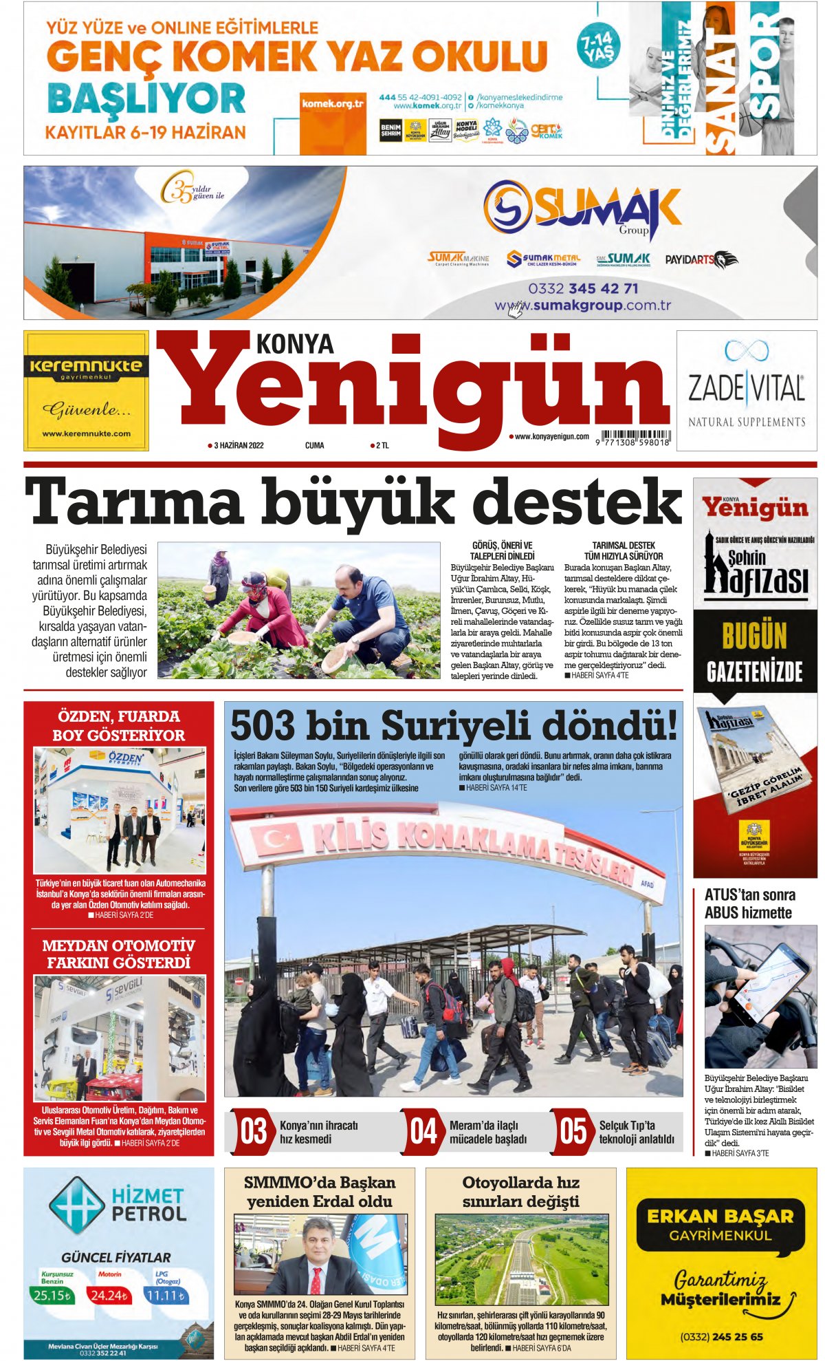 Konya Yenigün Gazetesi - 03.06.2022 Manşeti