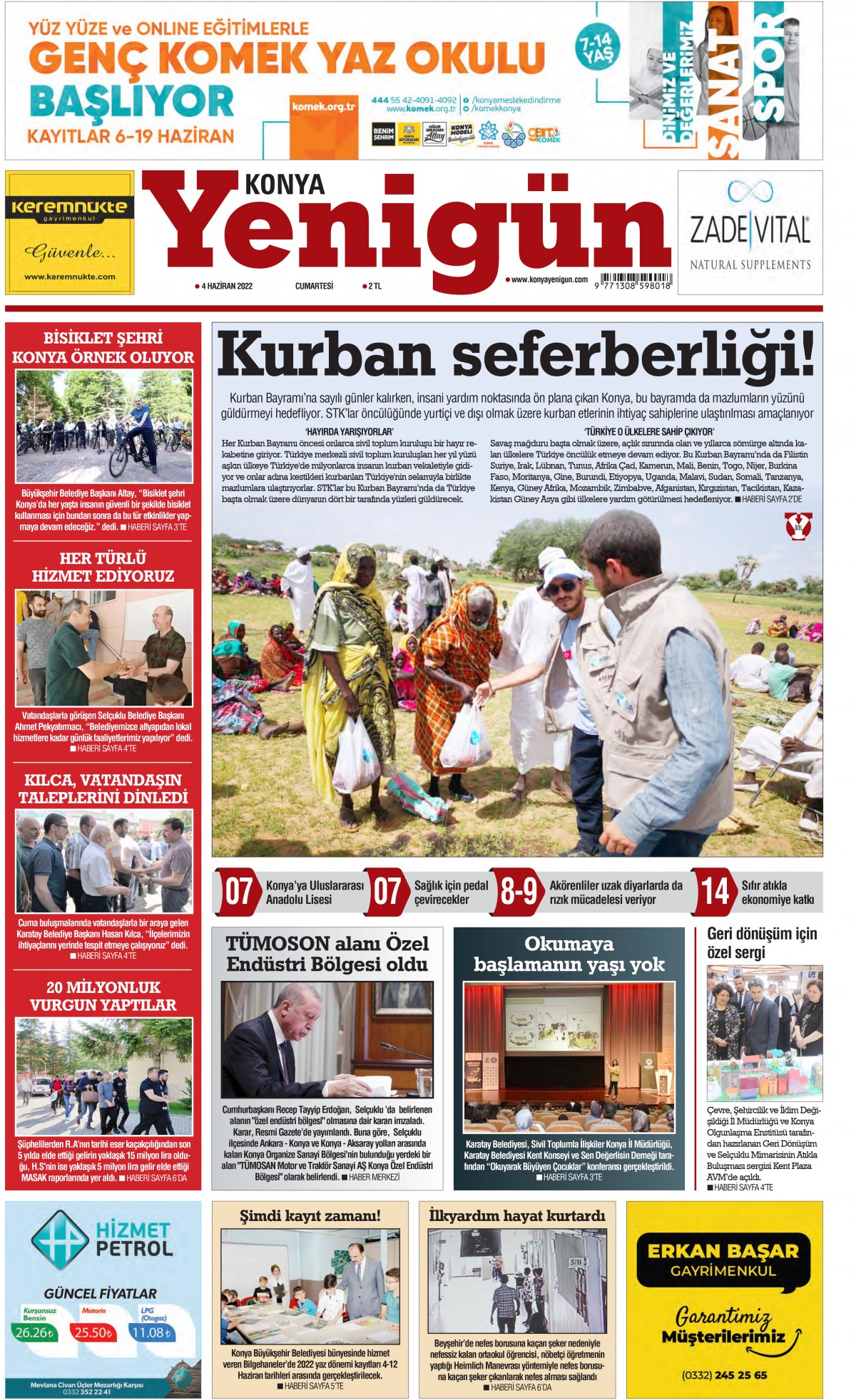 Konya Yenigün Gazetesi - 04.06.2022 Manşeti