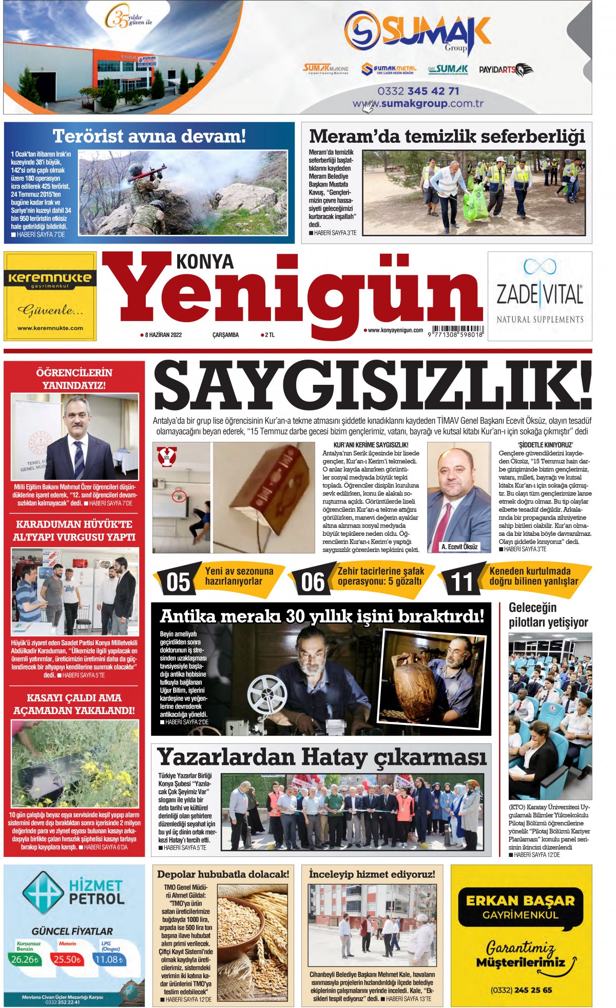 Konya Yenigün Gazetesi - 08.06.2022 Manşeti