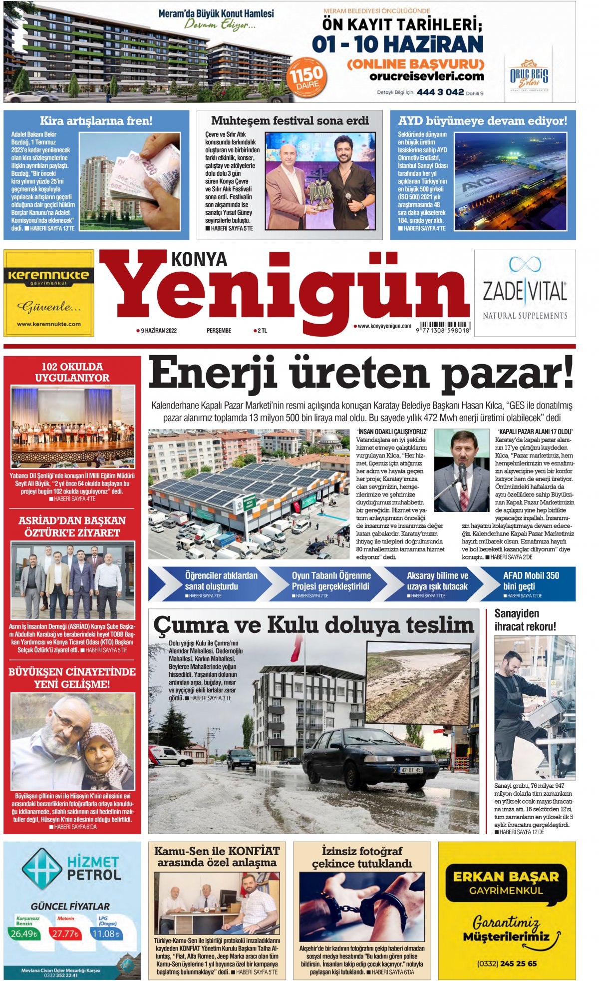 Konya Yenigün Gazetesi - 09.06.2022 Manşeti