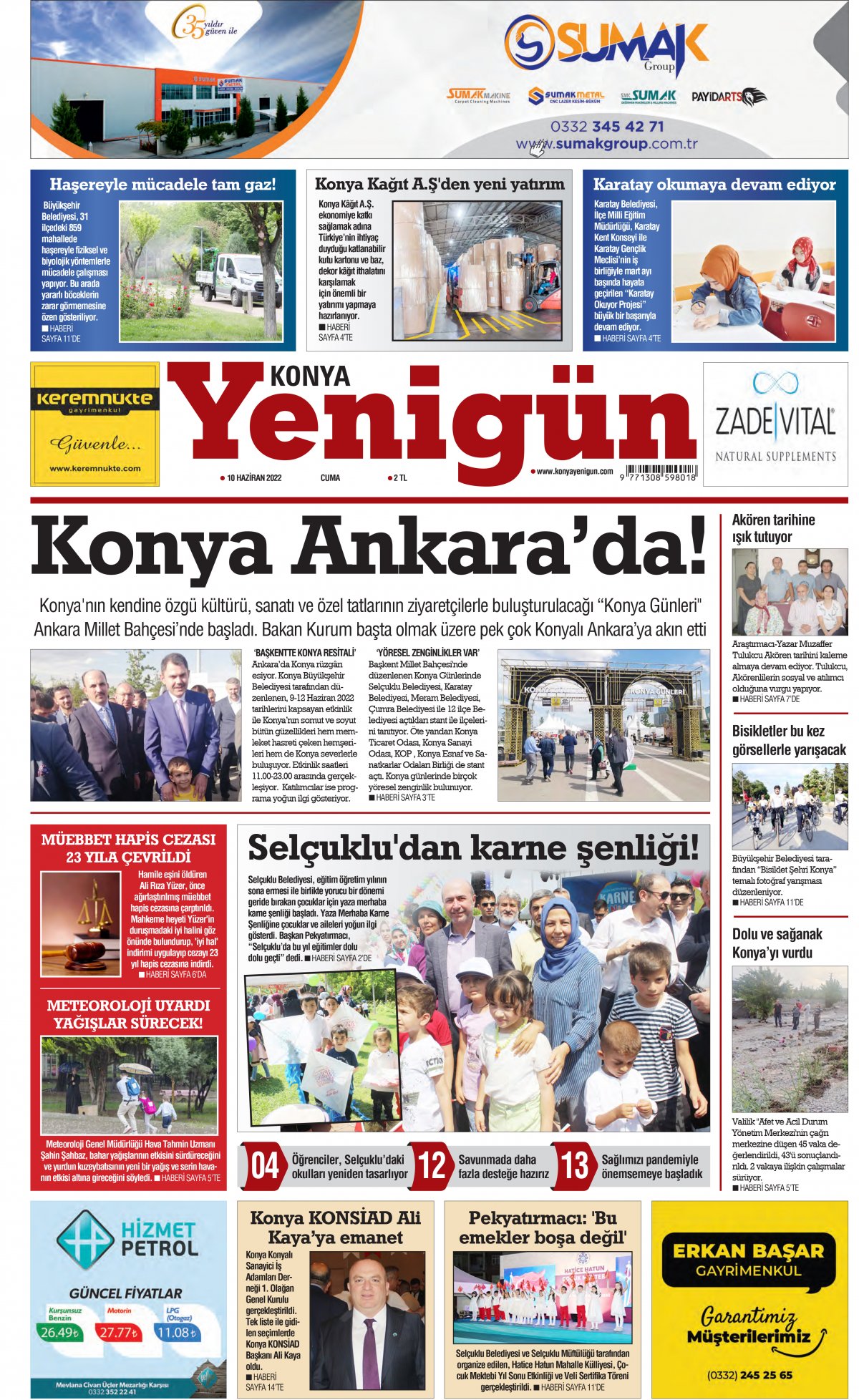 Konya Yenigün Gazetesi - 10.06.2022 Manşeti