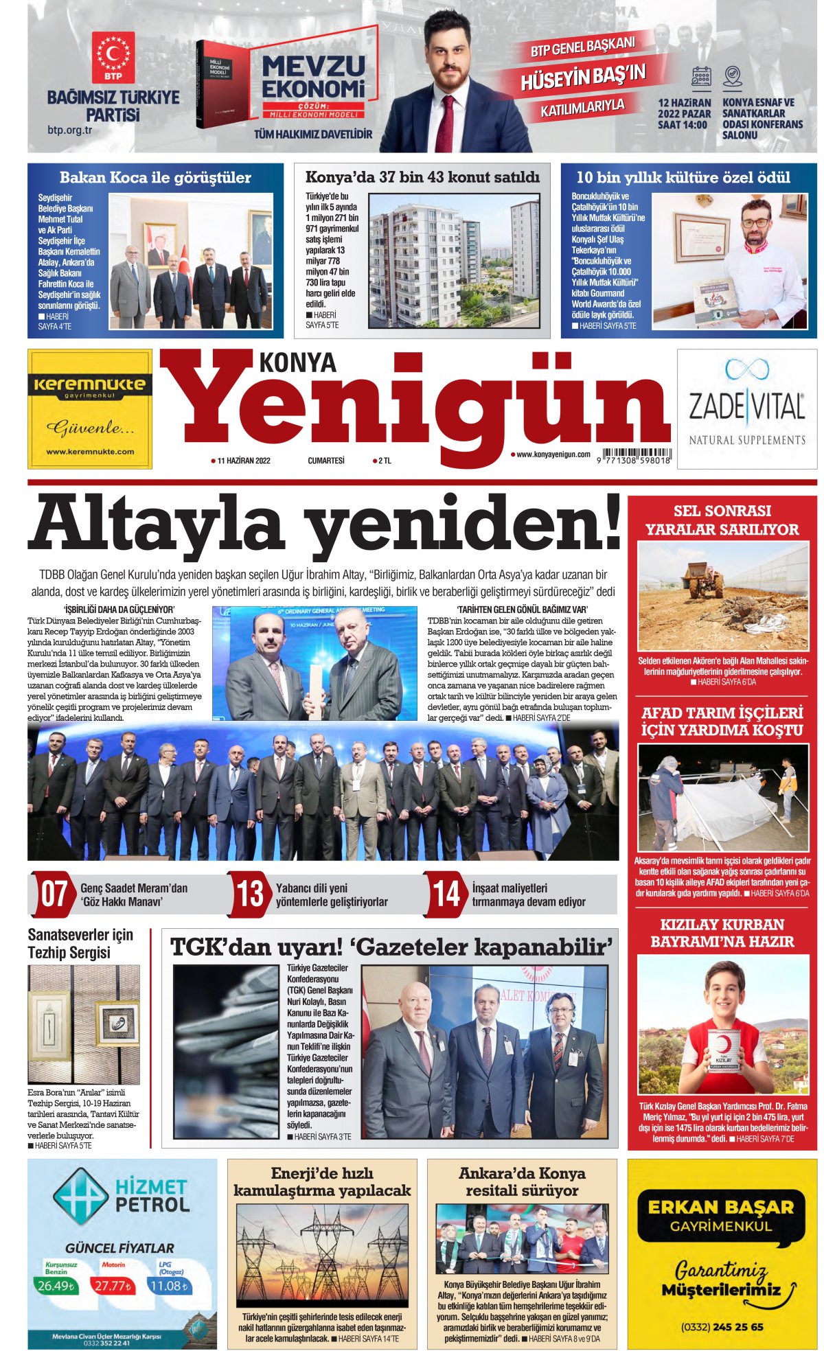 Konya Yenigün Gazetesi - 11.06.2022 Manşeti