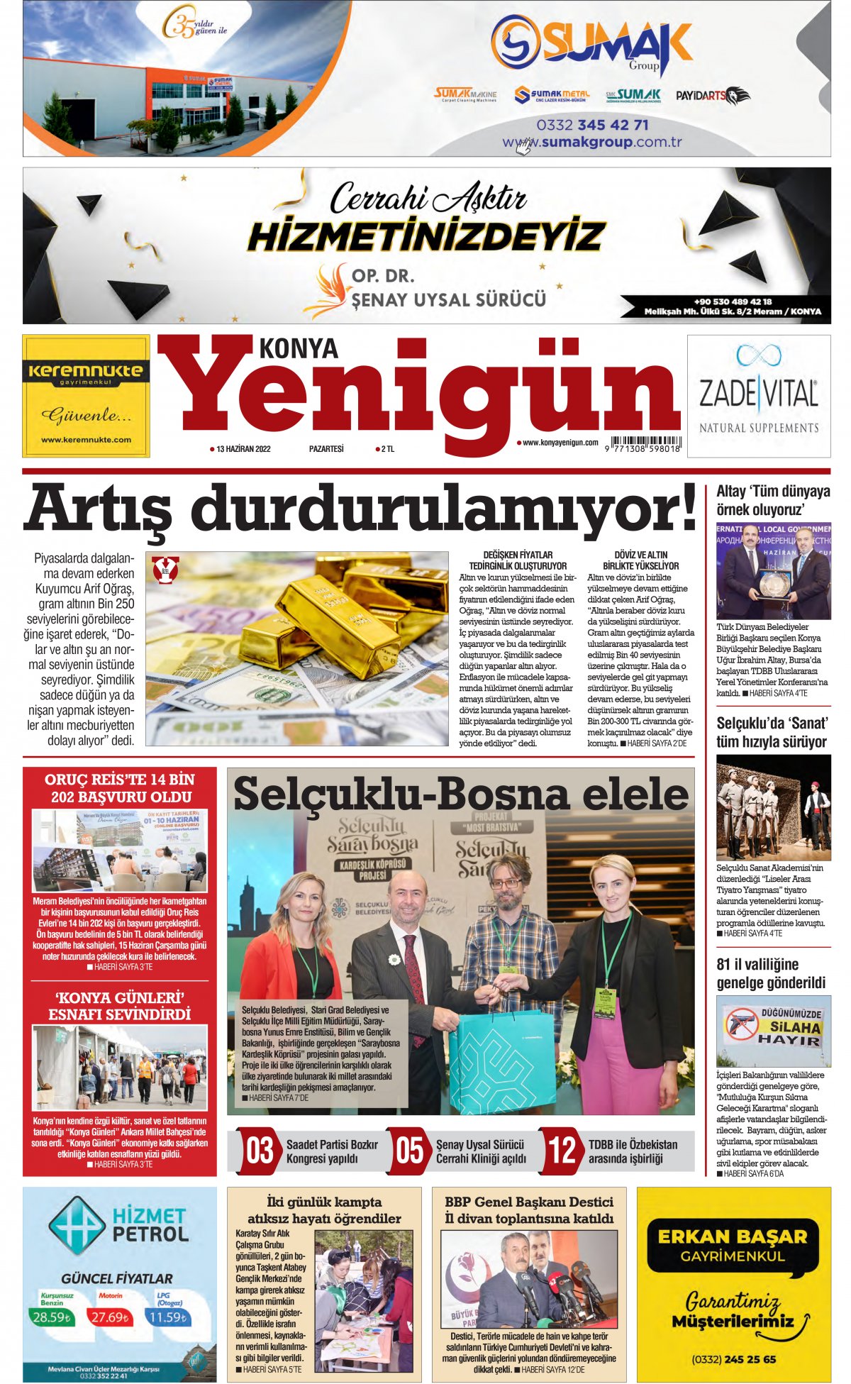 Konya Yenigün Gazetesi - 13.06.2022 Manşeti
