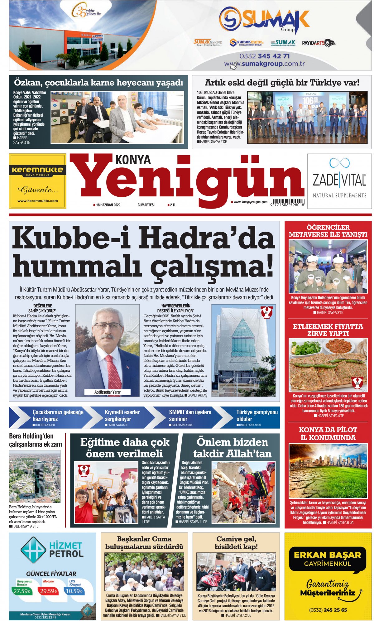 Konya Yenigün Gazetesi - 18.06.2022 Manşeti
