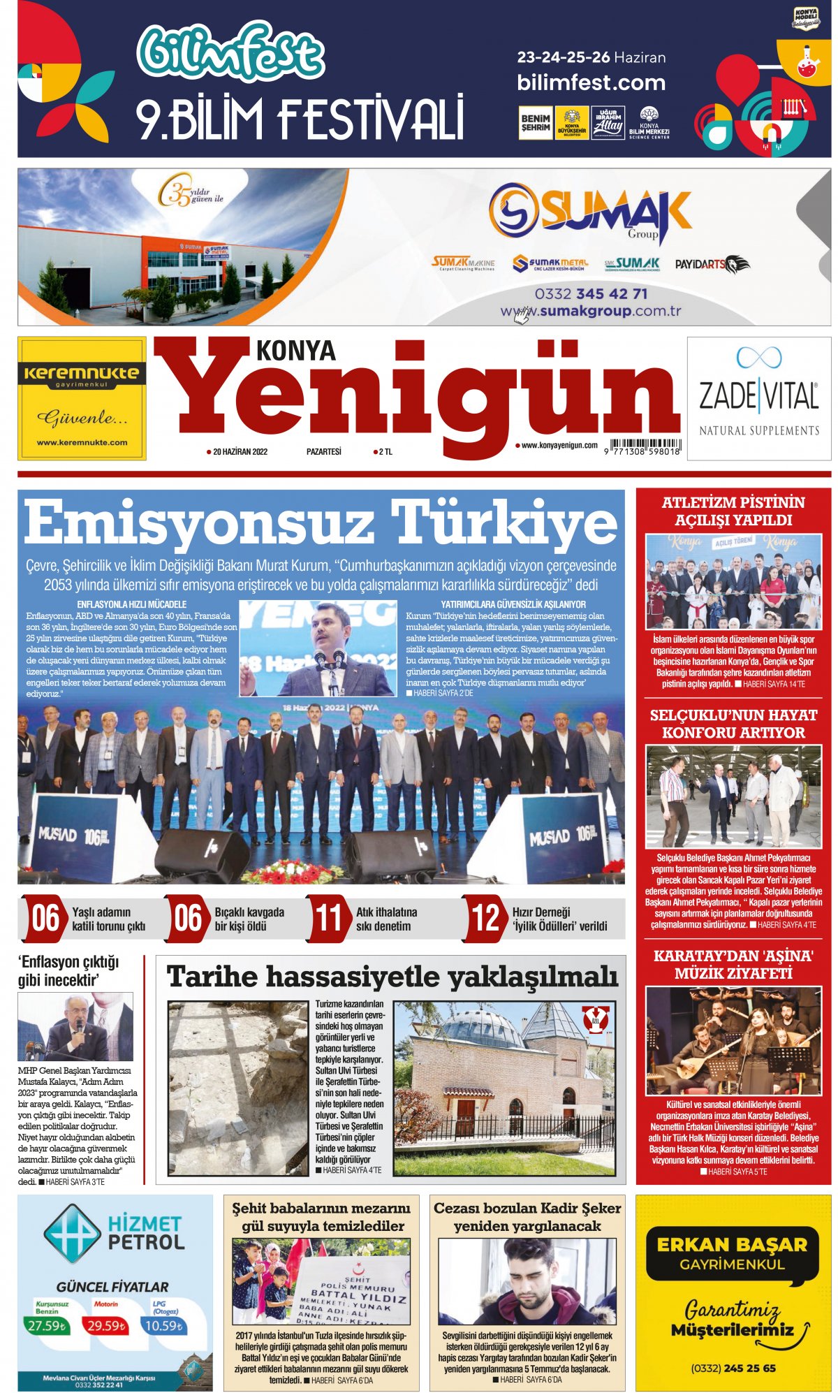 Konya Yenigün Gazetesi - 20.06.2022 Manşeti