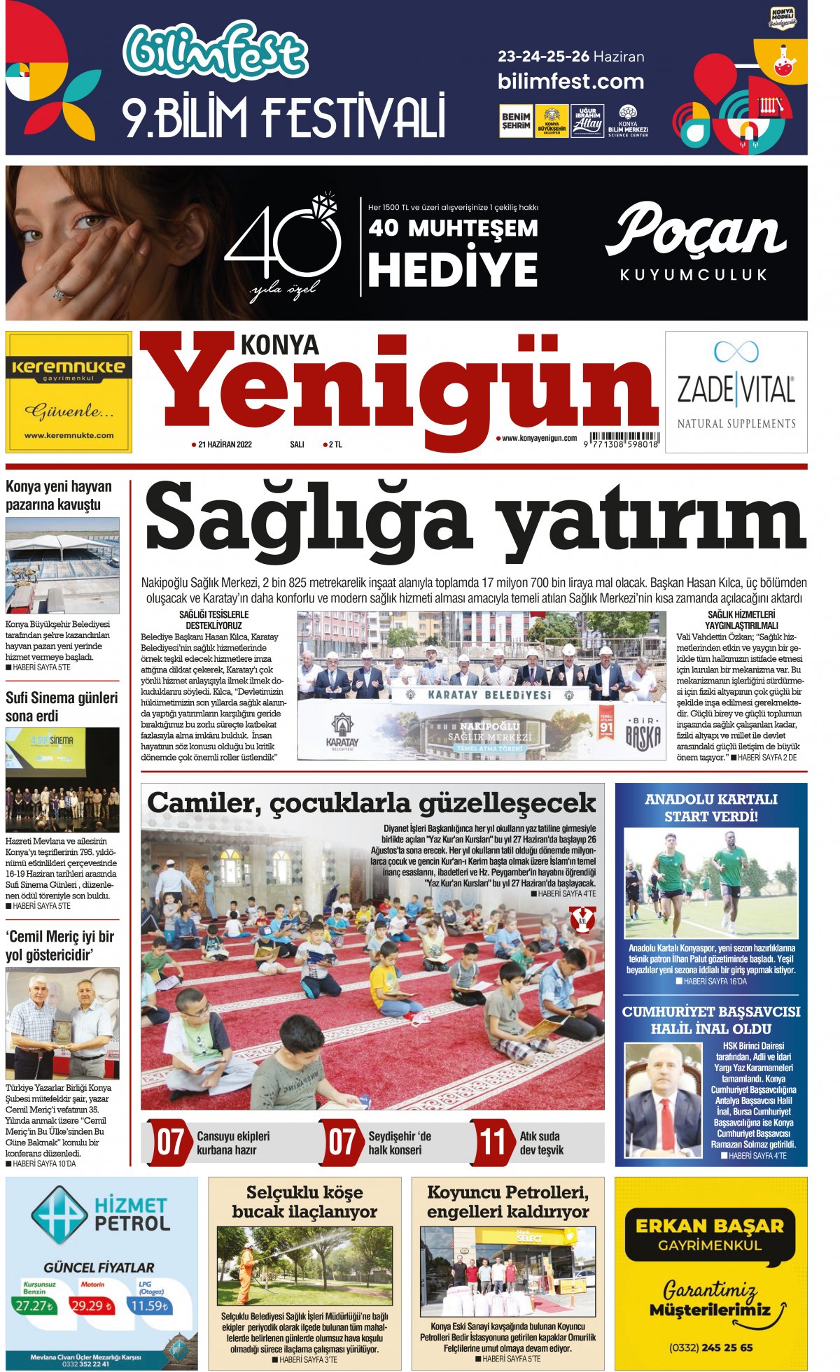 Konya Yenigün Gazetesi - 21.06.2022 Manşeti