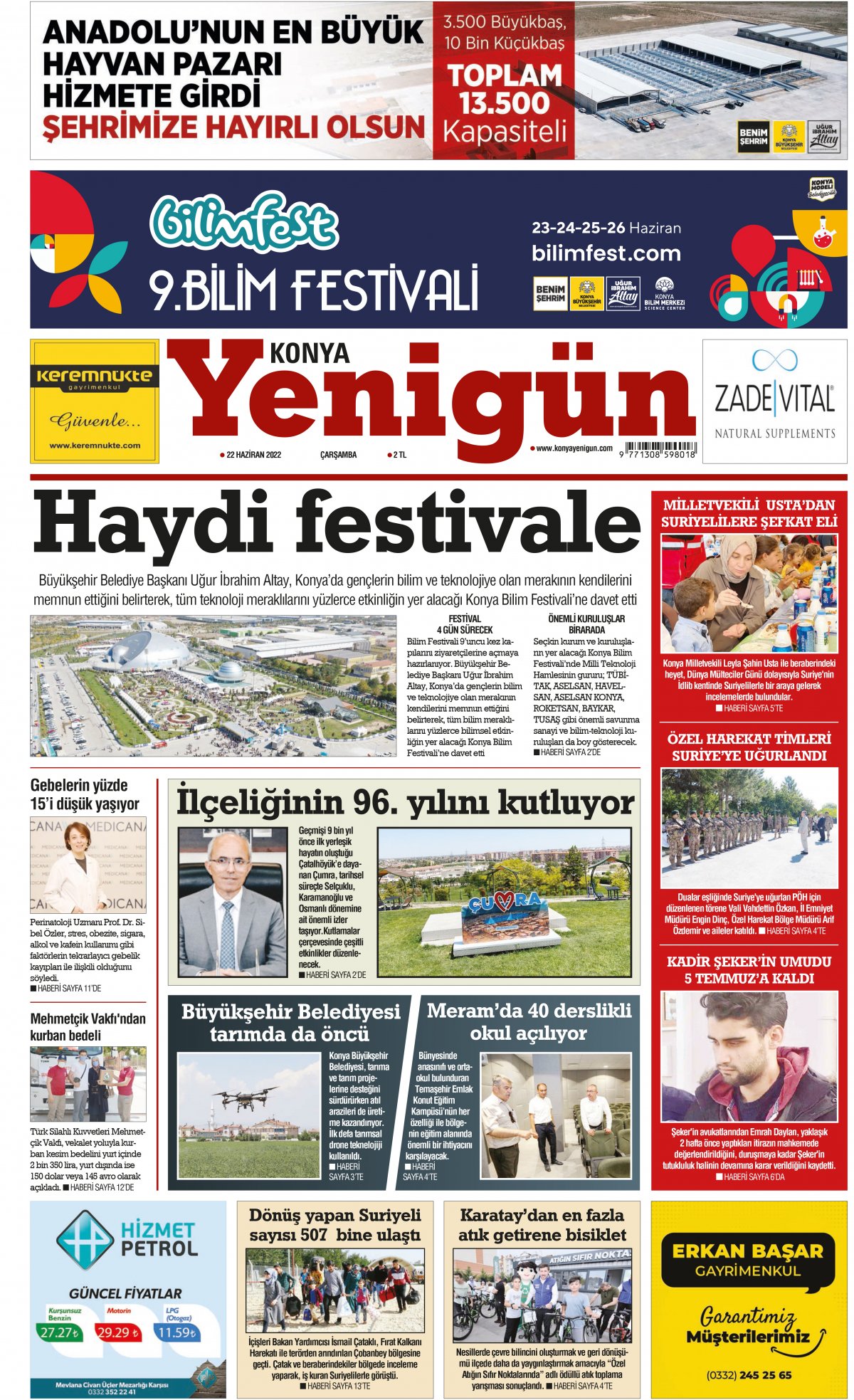 Konya Yenigün Gazetesi - 22.06.2022 Manşeti