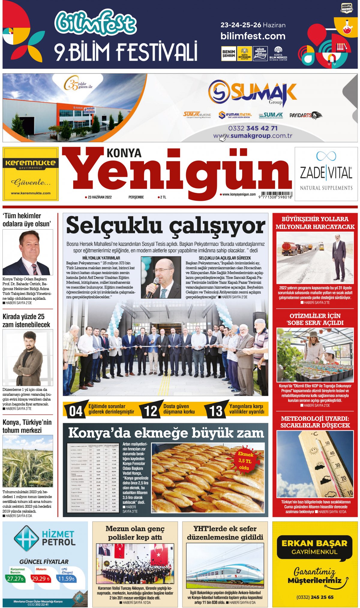 Konya Yenigün Gazetesi - 23.06.2022 Manşeti
