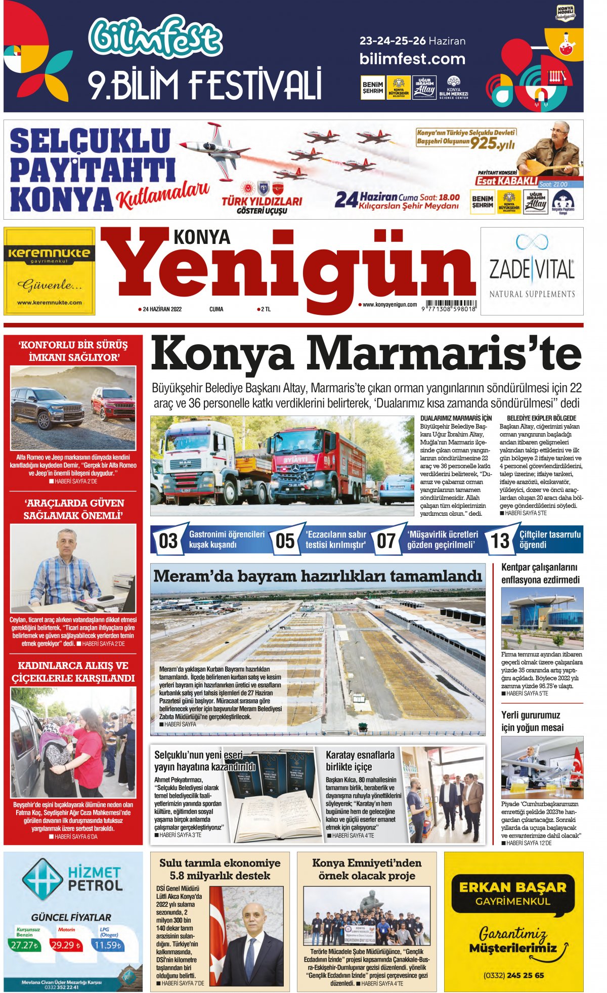 Konya Yenigün Gazetesi - 24.06.2022 Manşeti