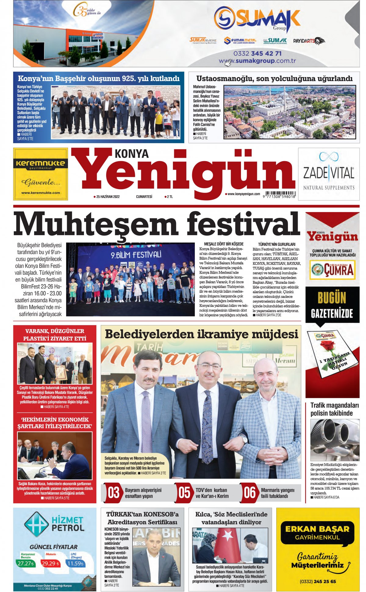 Konya Yenigün Gazetesi - 25.06.2022 Manşeti