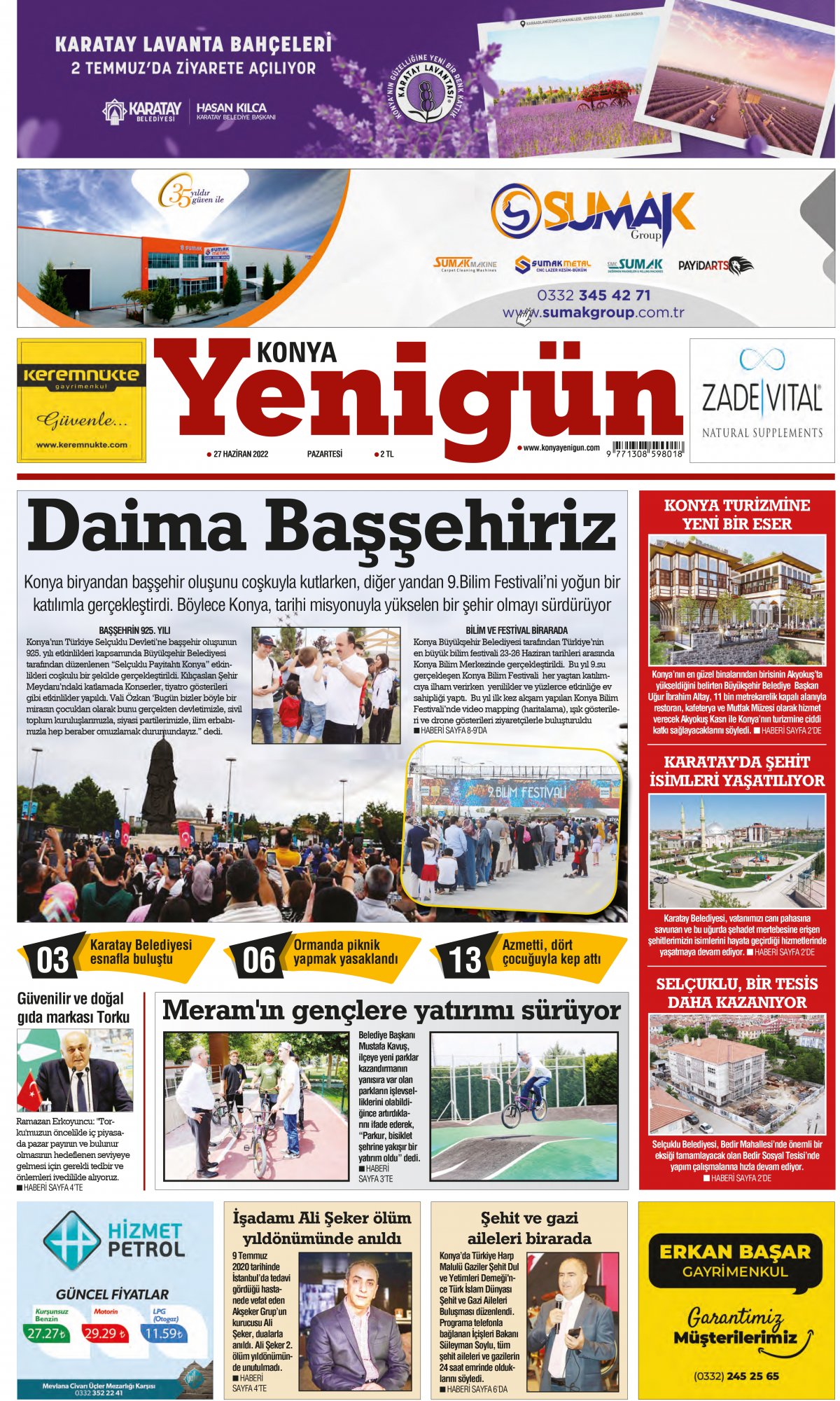 Konya Yenigün Gazetesi - 27.06.2022 Manşeti